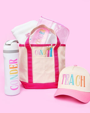 Teacher Essentials Bundle – @PBANDJ4THGRADE x SWP: natural canvas tote with hot-pink trim and front pocket, pastel-monogrammed water bottle, TEACH 3D puff trucker hat, clear nylon pouch with pink trim