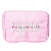 Personalized embroidered teacher nylon pouch in pink, thoughtful classroom gift.