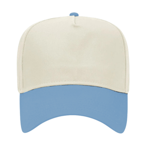 Upside-down style embroidered trucker hat in cream and blue, fun casual accessory.