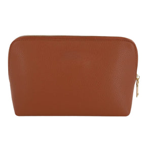 Tan vegan leather pouch featuring gold foil monogram detail, ideal for travel organization and custom gifting.
