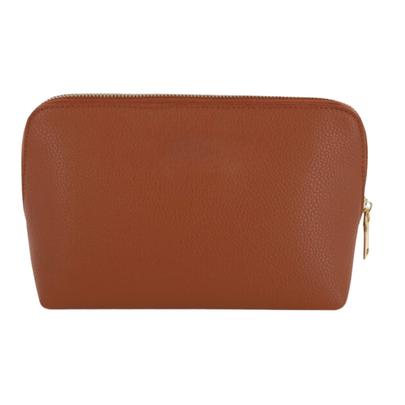 Tan vegan leather pouch featuring gold foil monogram detail, ideal for travel organization and custom gifting.