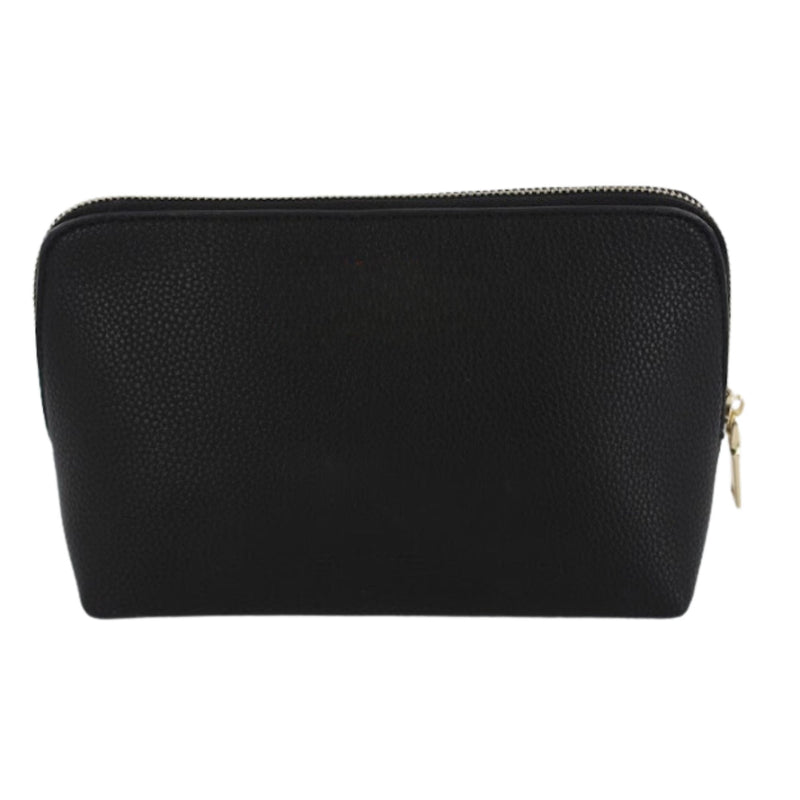 Black vegan leather pouch with gold foil monogram, perfect for personalized organization and gifting.
