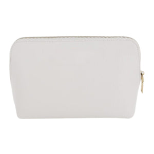 Light-colored vegan leather pouch with gold foil monogram, designed for chic personalized storage.