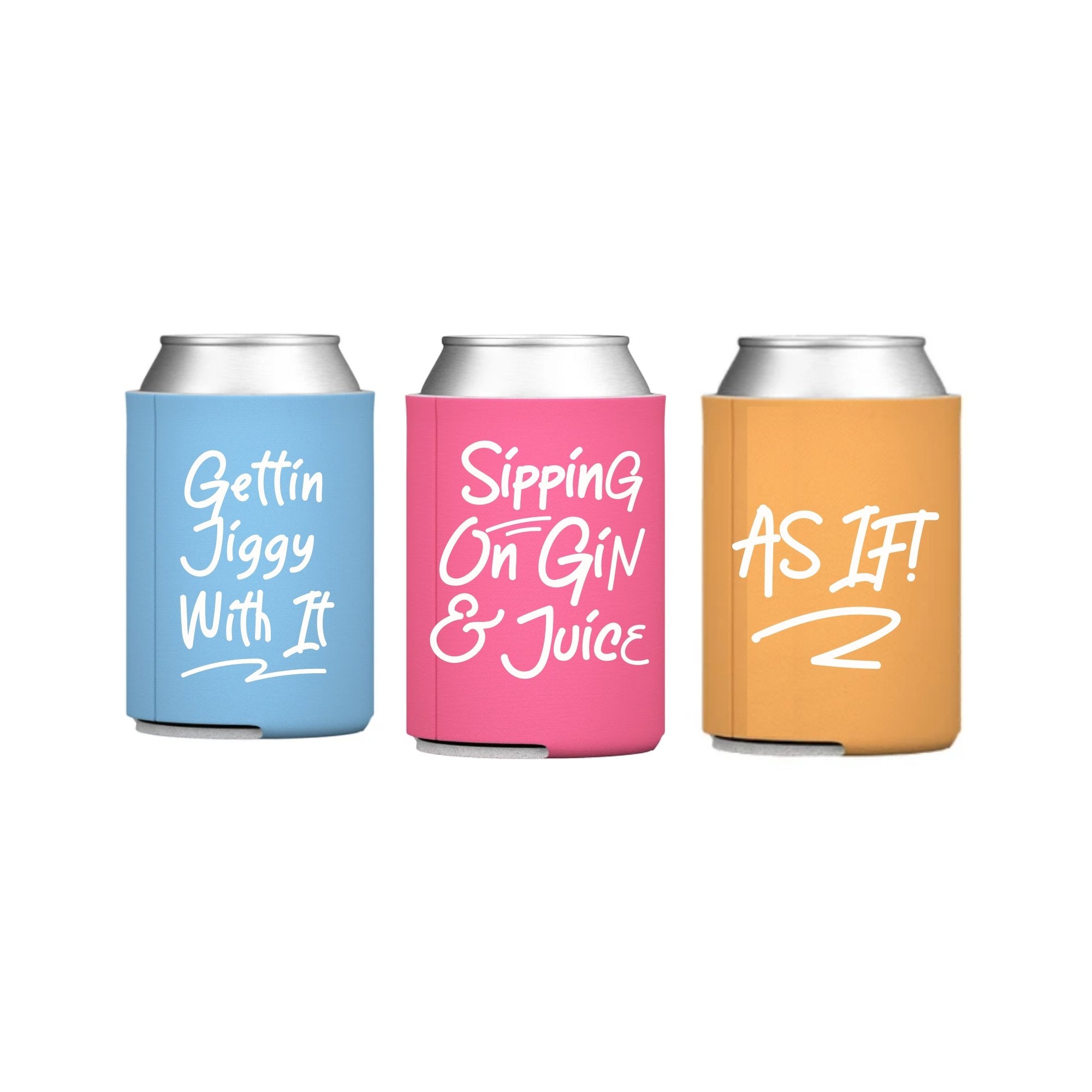 Three can coolers with 90s sayings on the front