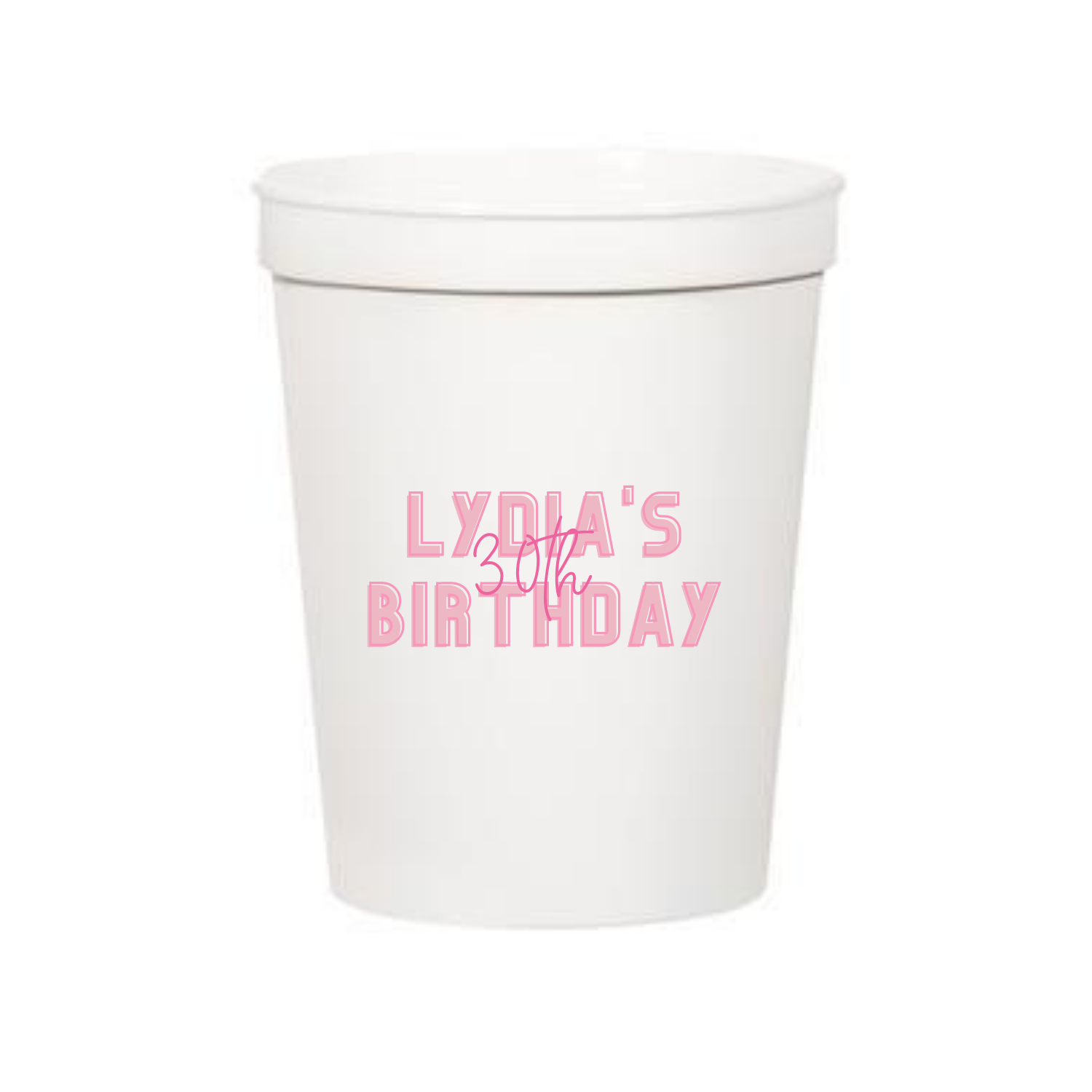 A white stadium cup is customized with a 30th birthday design
