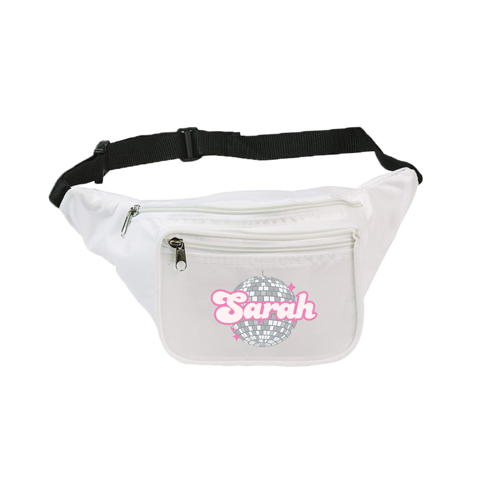 A white fanny pack is customized with a disco ball design and a custom name 