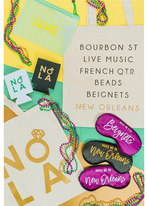 An assortment of products lays out to show some of the products that are perfect for a trip to New Orleans, Louisiana.