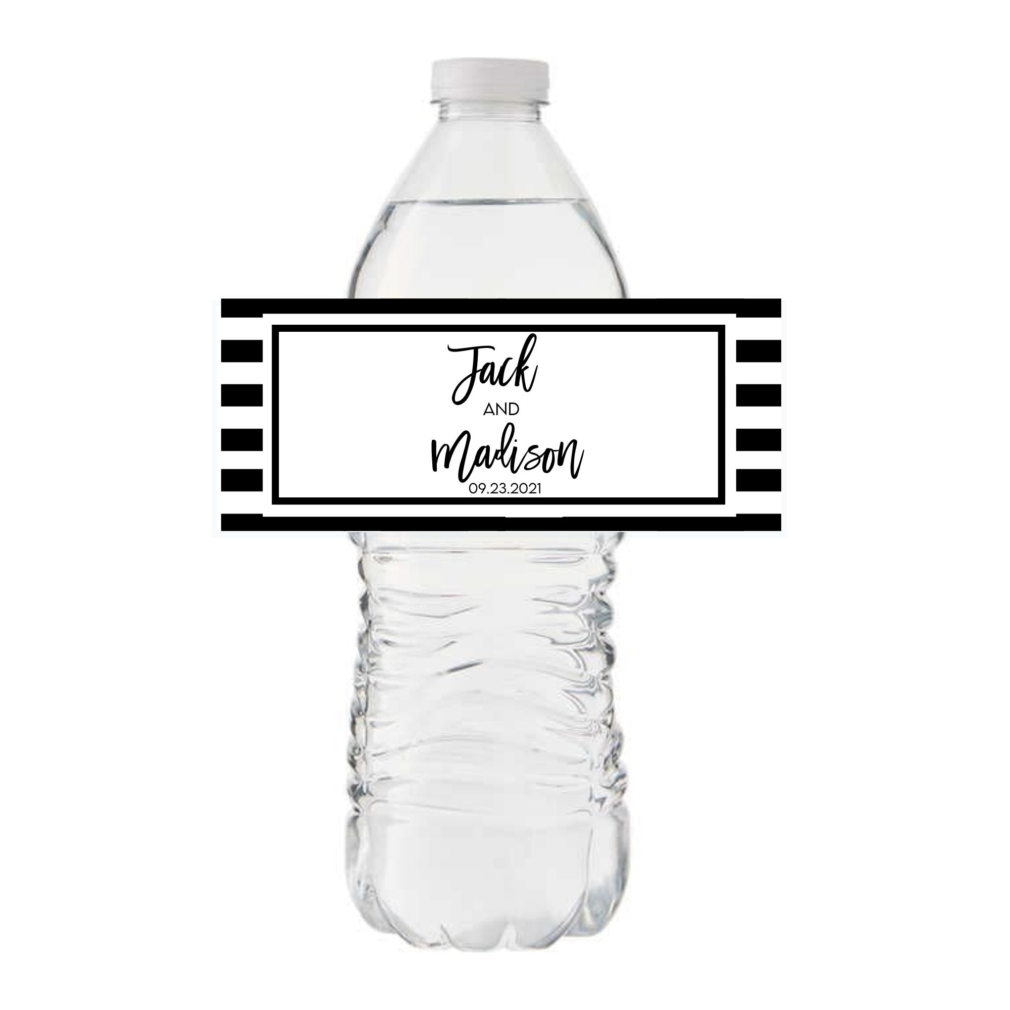 A water bottle is customized with a black and white stripe label