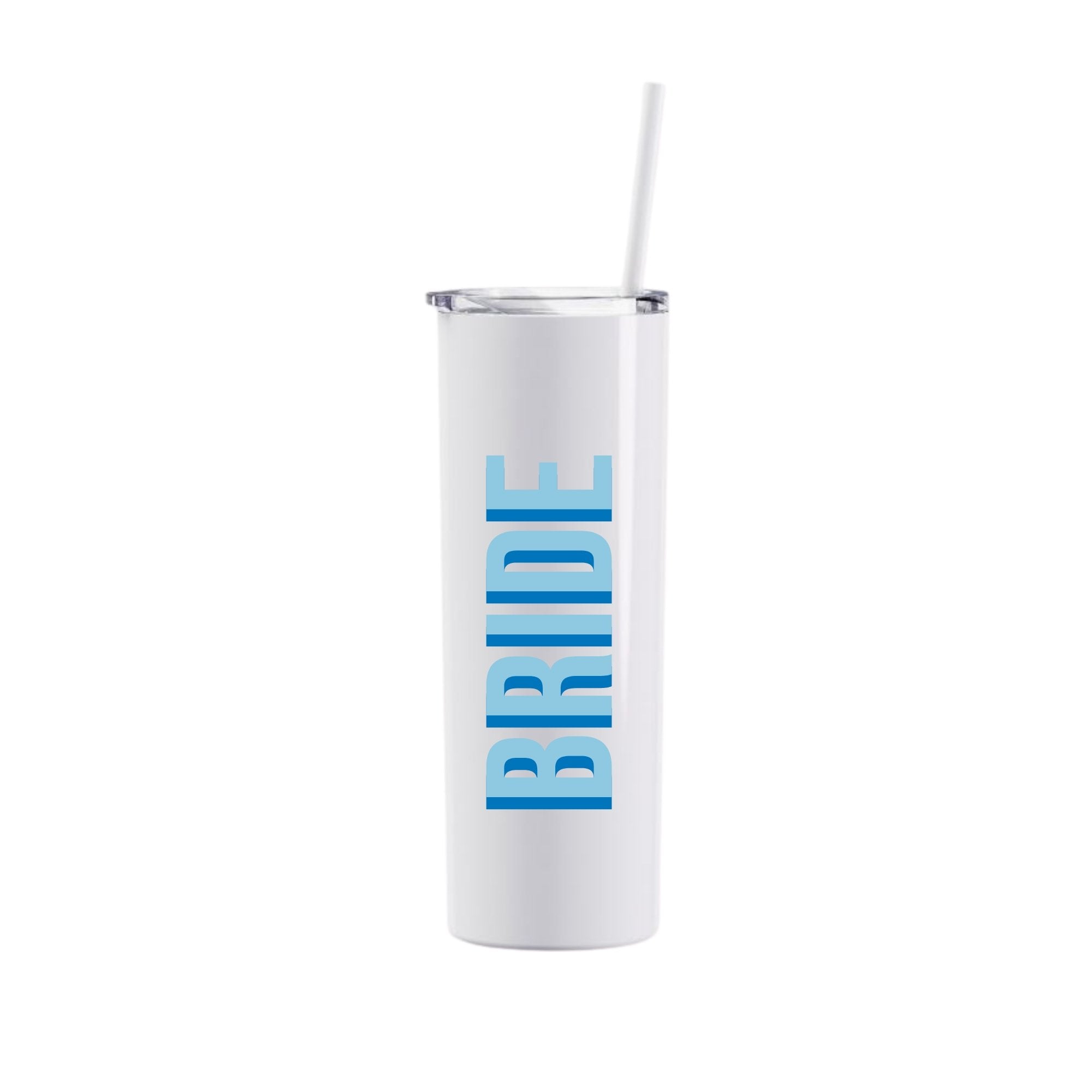 A white tumbler is customized with blue text that says "Bride"