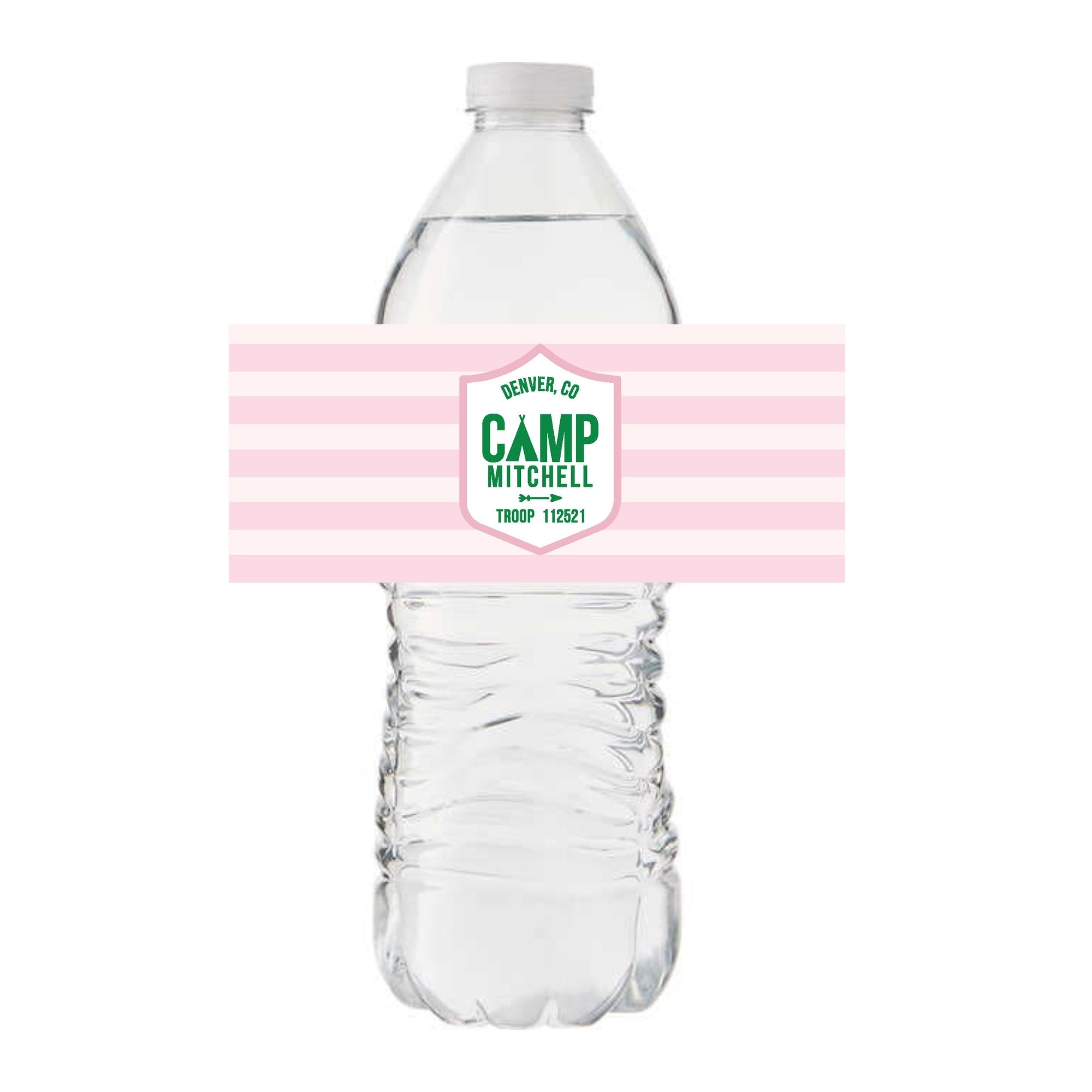 A water bottle is customized with a pink camp label