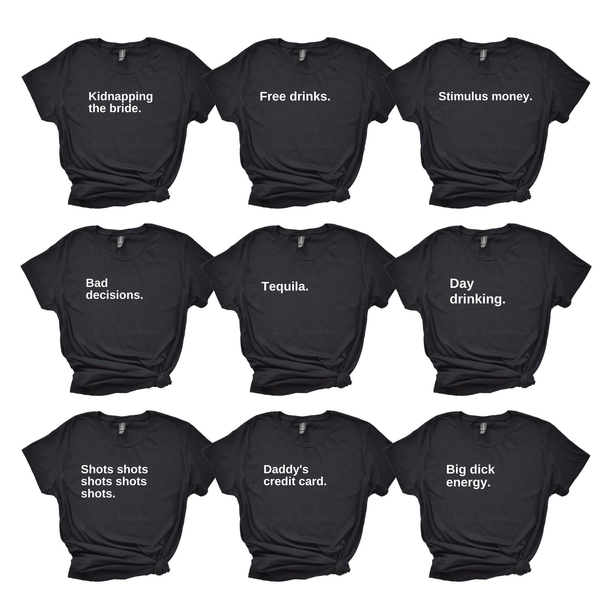 Black & white t-shirts that read like Cards Against Humanity cards
