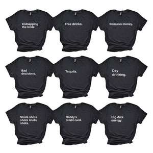 Black t-shirts that read like Cards Against Humanity cards