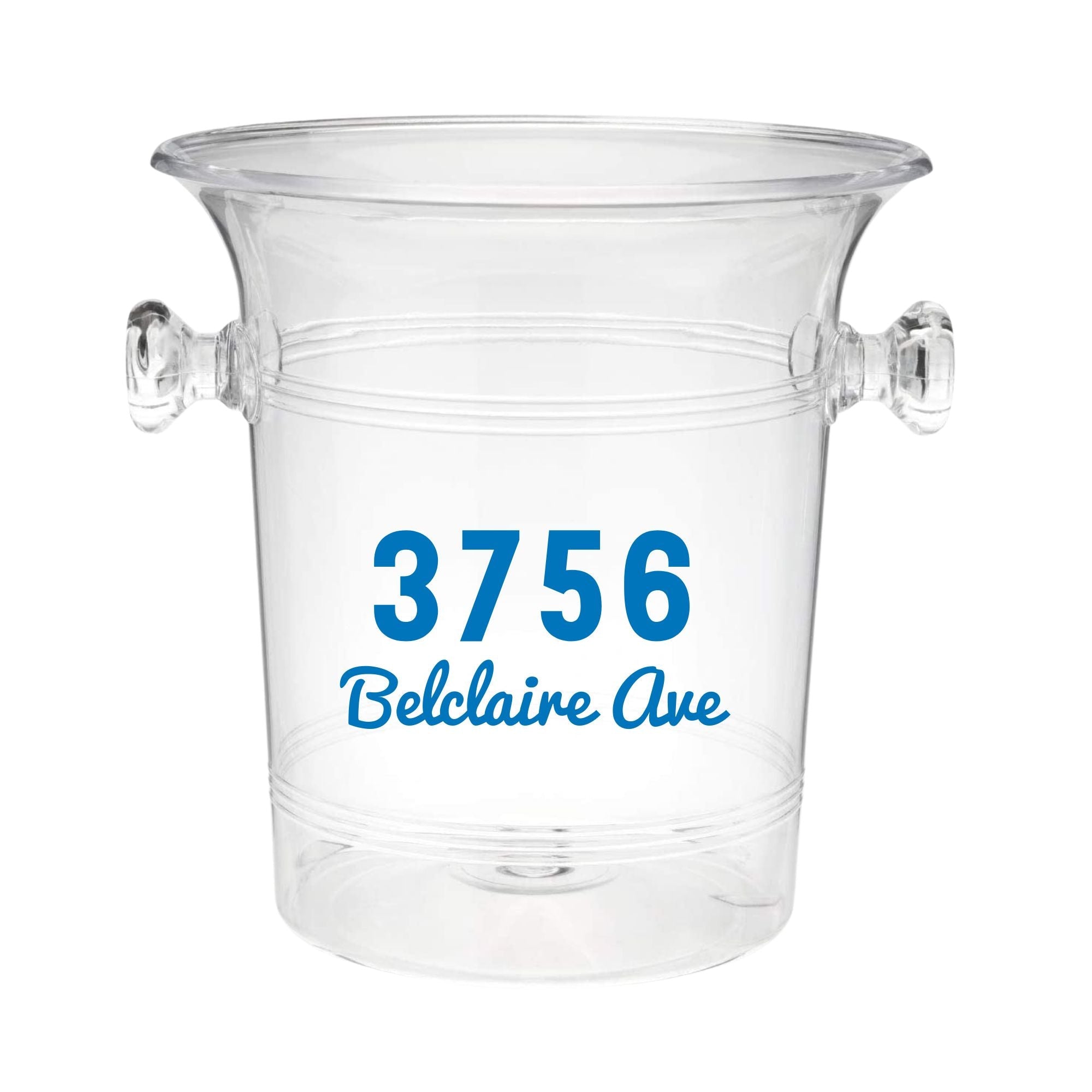 A clear acrylic ice bucket features a custom address on the front in pink lettering