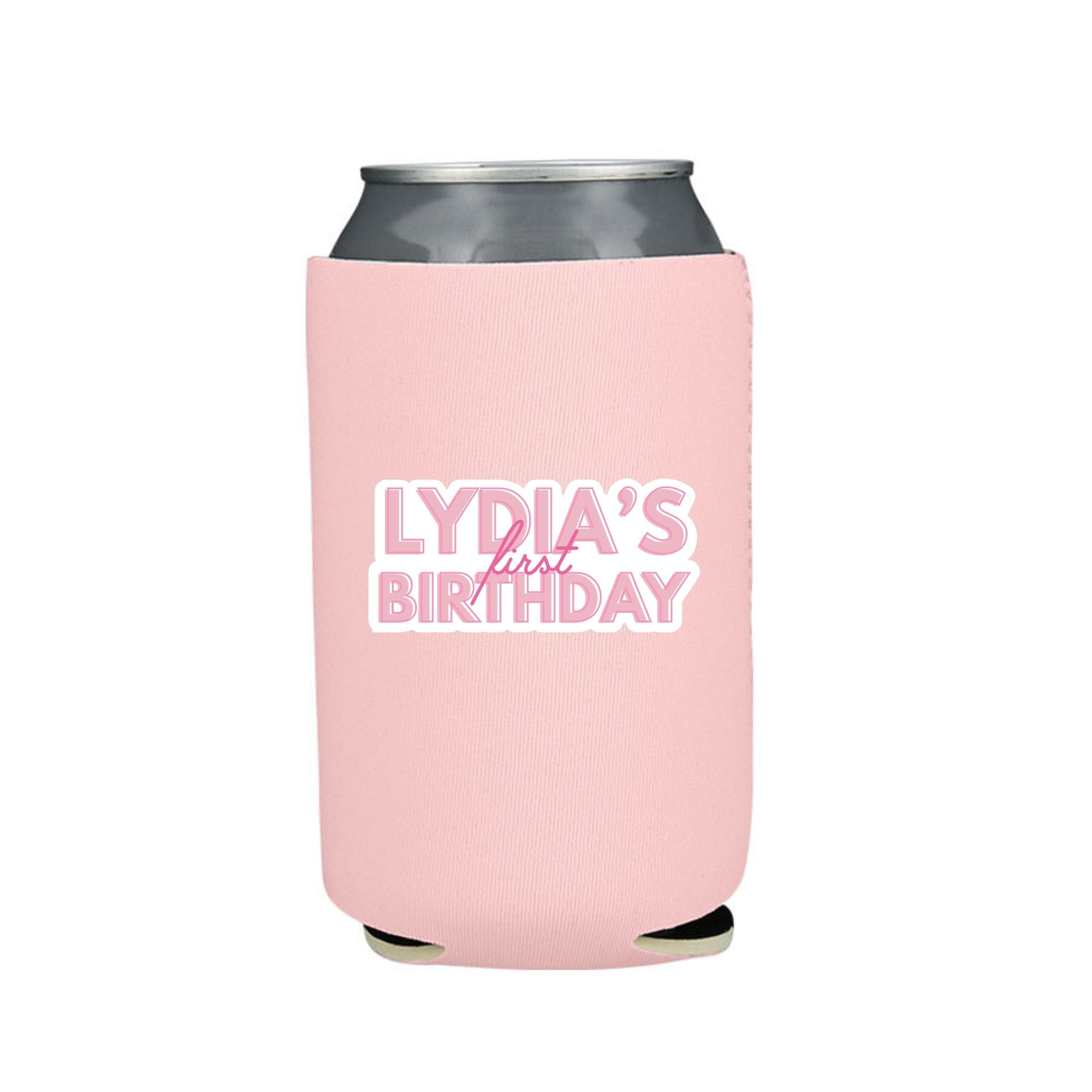 A pink can cooler is customized with a 30th birthday design 