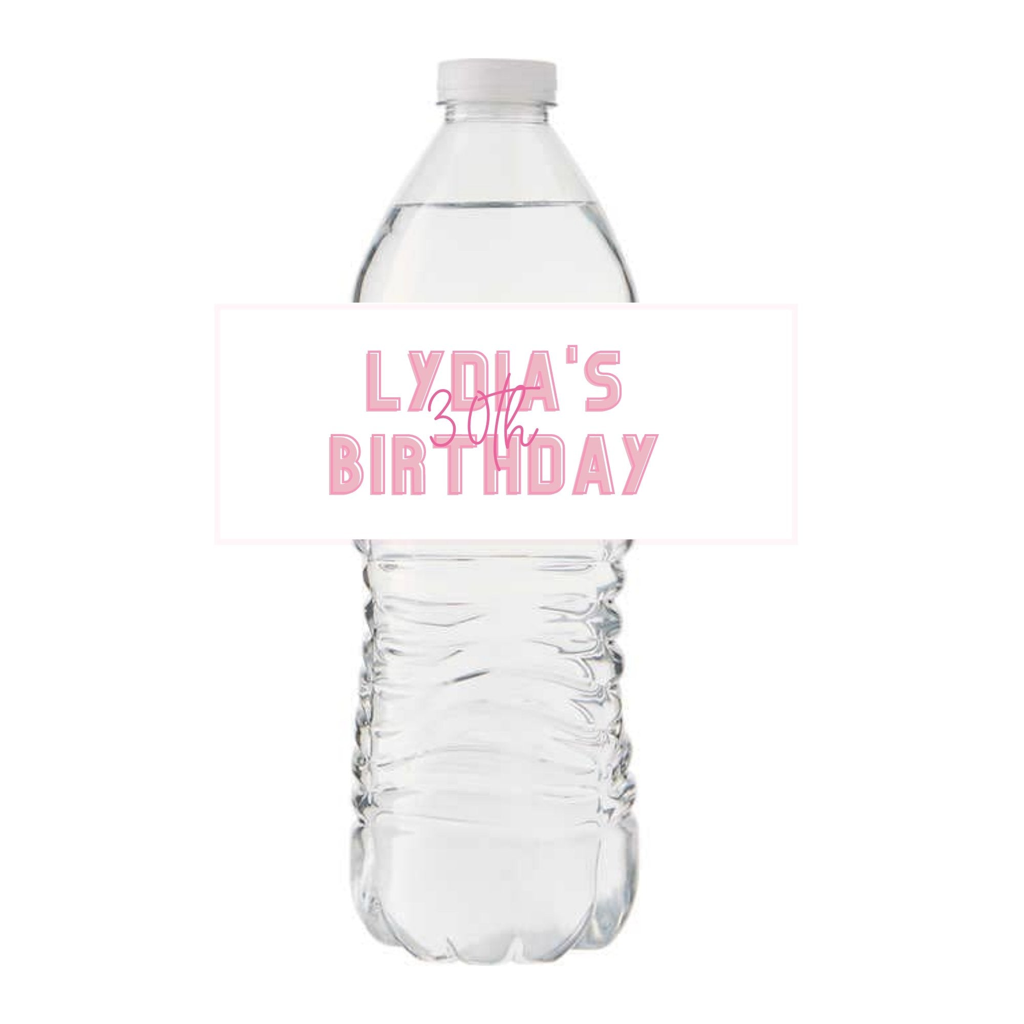 A water bottle label is customized with a personalized birthday logo.