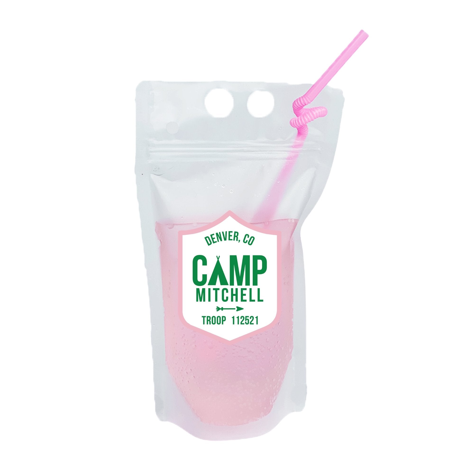 A party pouch is customized with a green and pink camp logo