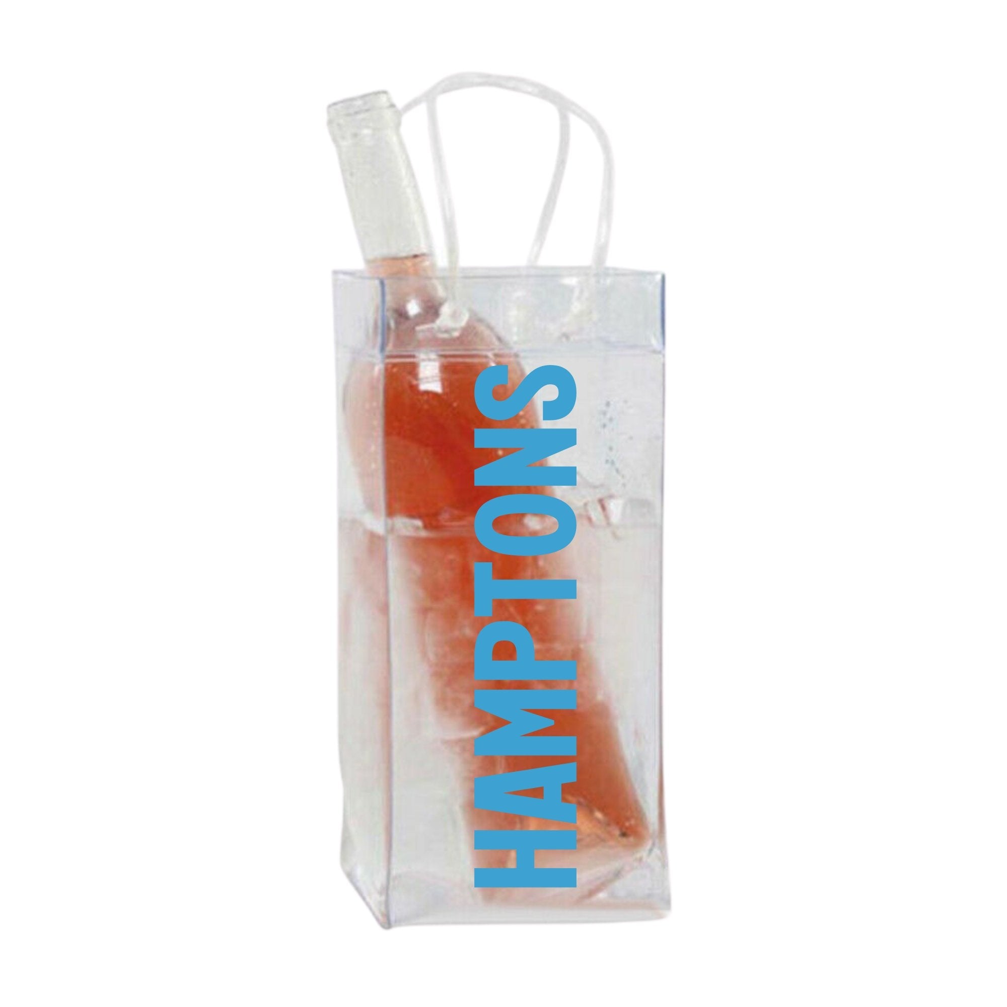 A clear wine bag that says "Hamptons" in blue