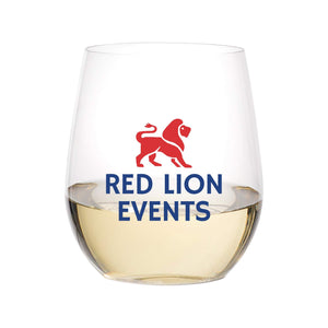 A wine glass with a customized Red Lion Events logo on the front.