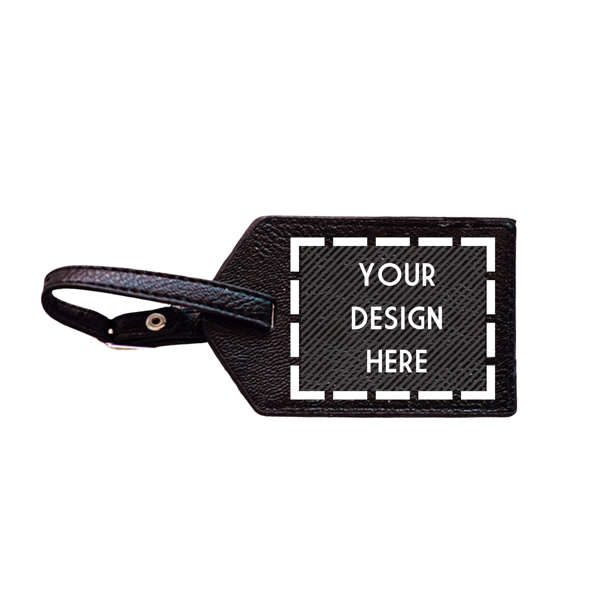 A black luggage tag with a customizable area on the front