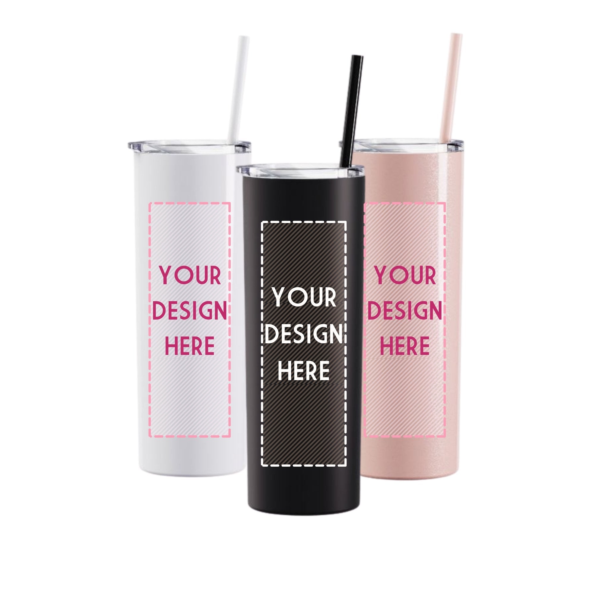 A white, black and pink metal tumbler with an area on the front for customization