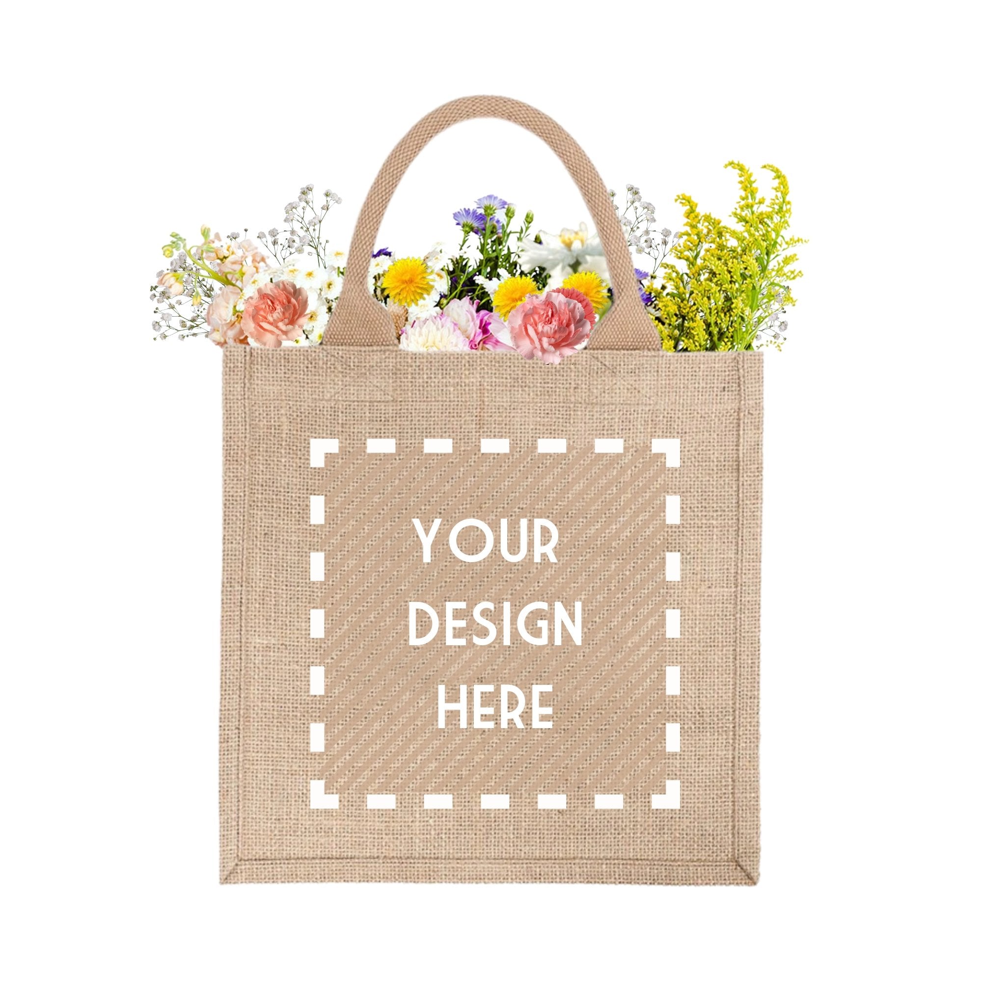 A beige jute tote with an area on the front for customization