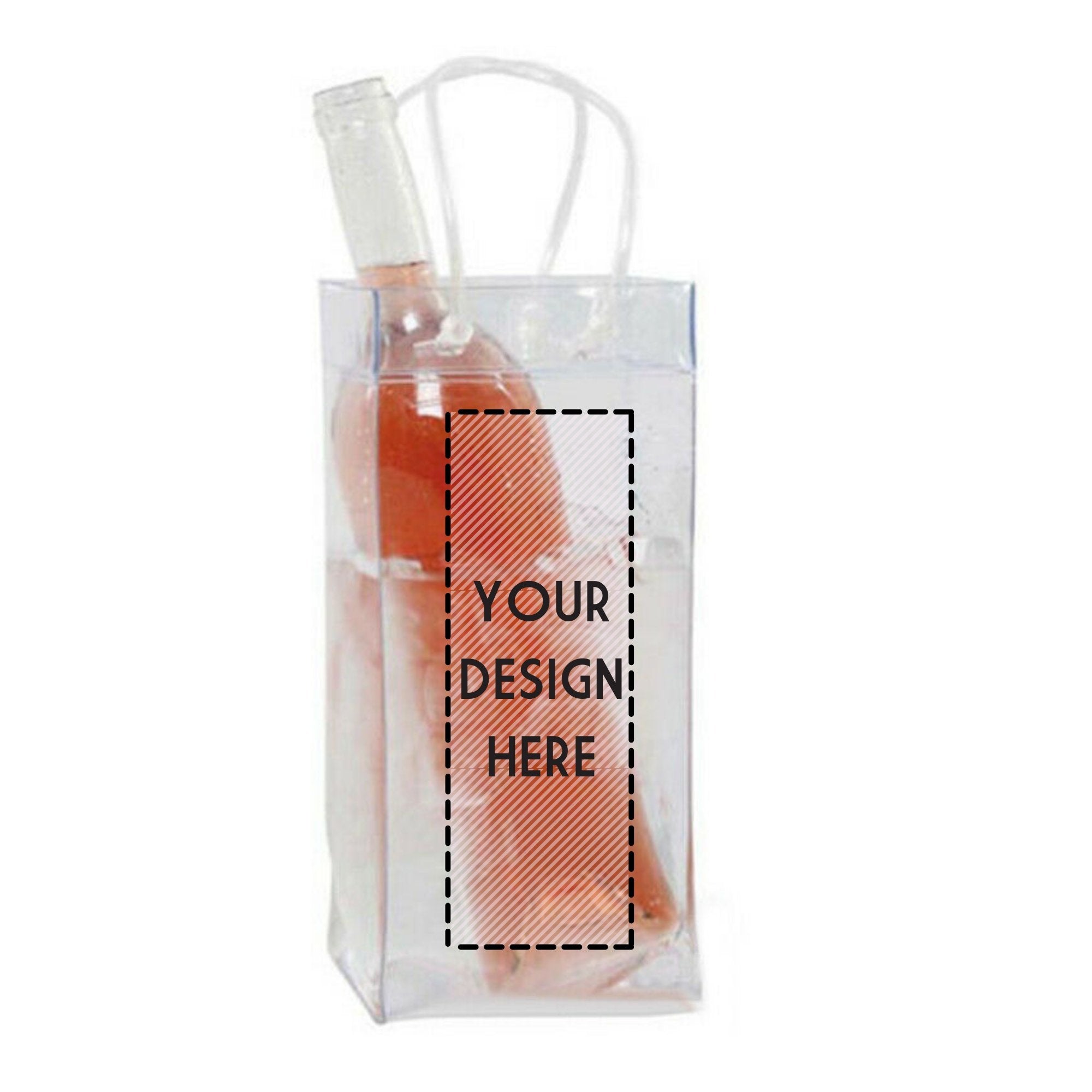 A clear wine bag with a customizable area on the front
