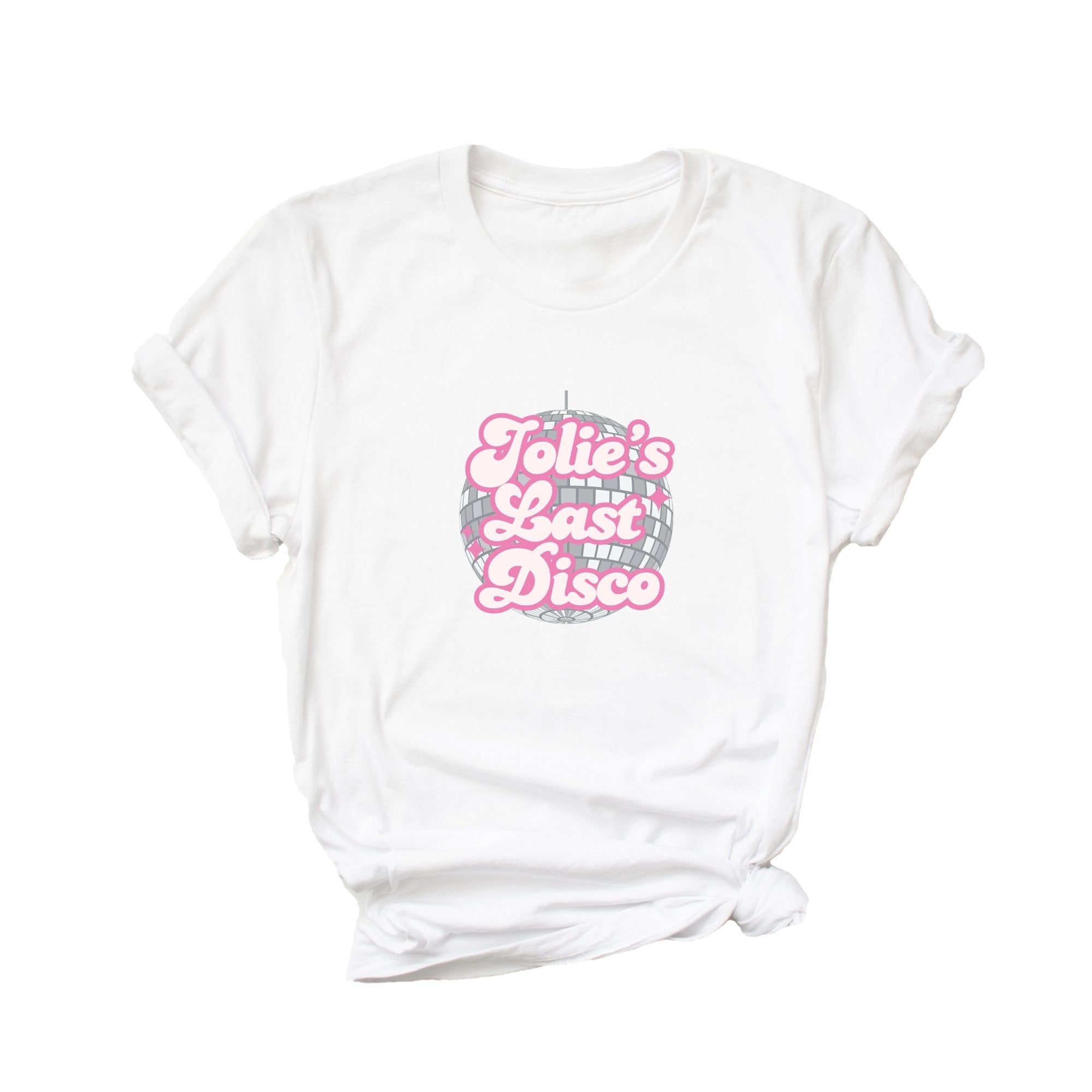 A white t shirt is customized with a disco ball design and "Jolie's Last Disco"