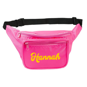 A pink fanny pack is customized with a yellow name