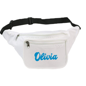 A white fanny pack is customized with a blue name