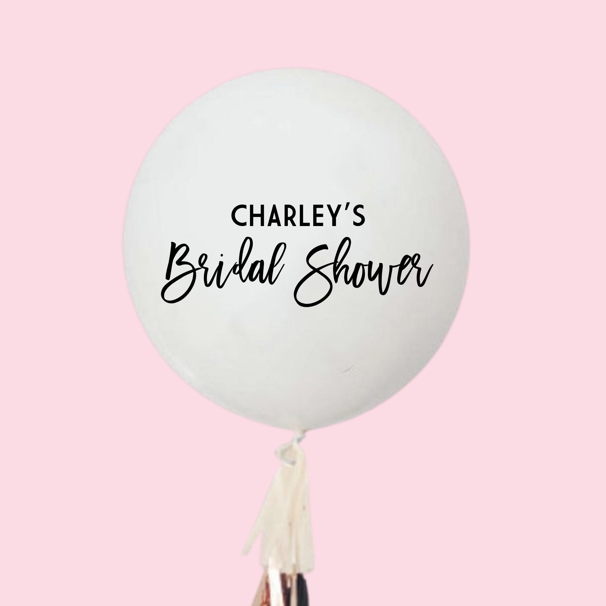 A white jumbo balloon reads "Charley's Bridal Shower"
