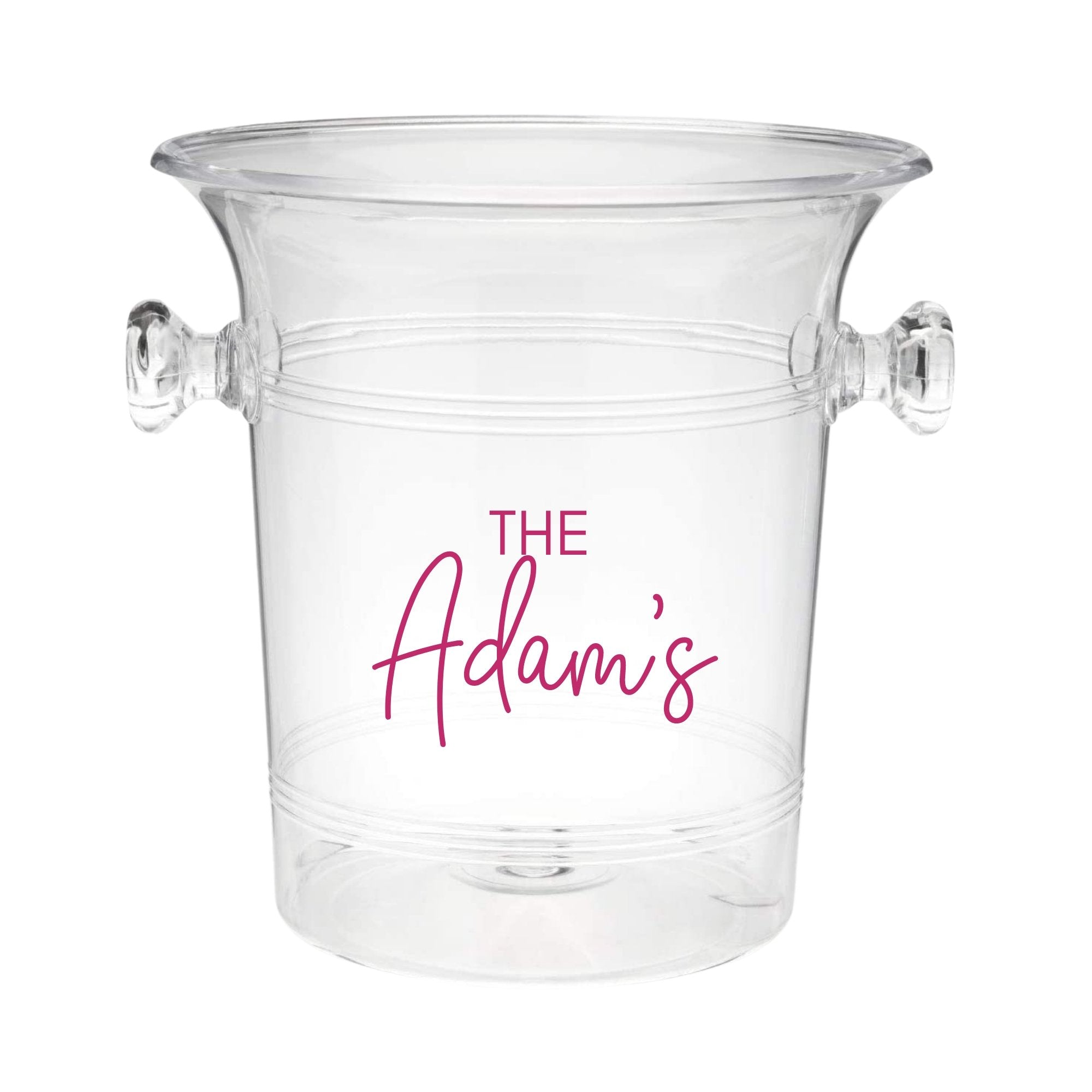 A clear ice bucket with "The Berkshires" on the front