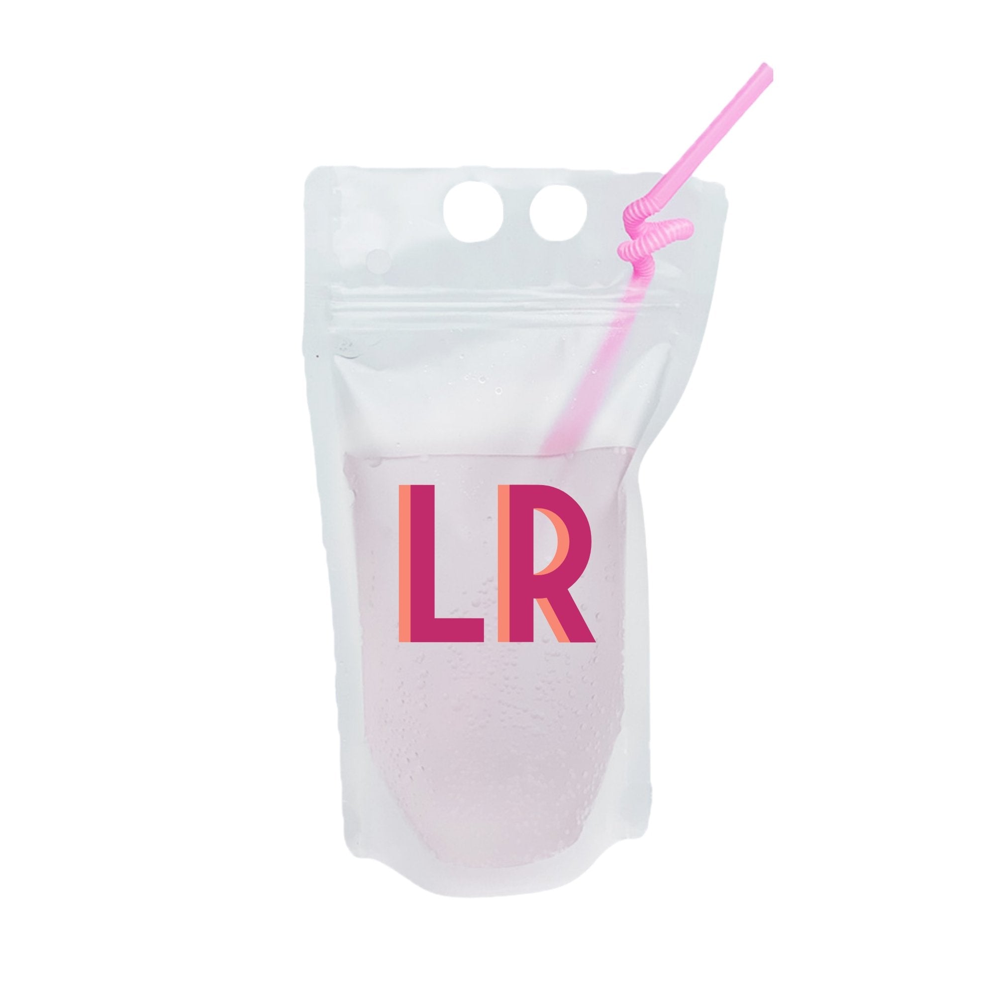 A party pouch with an "LR" monogrammed in pink