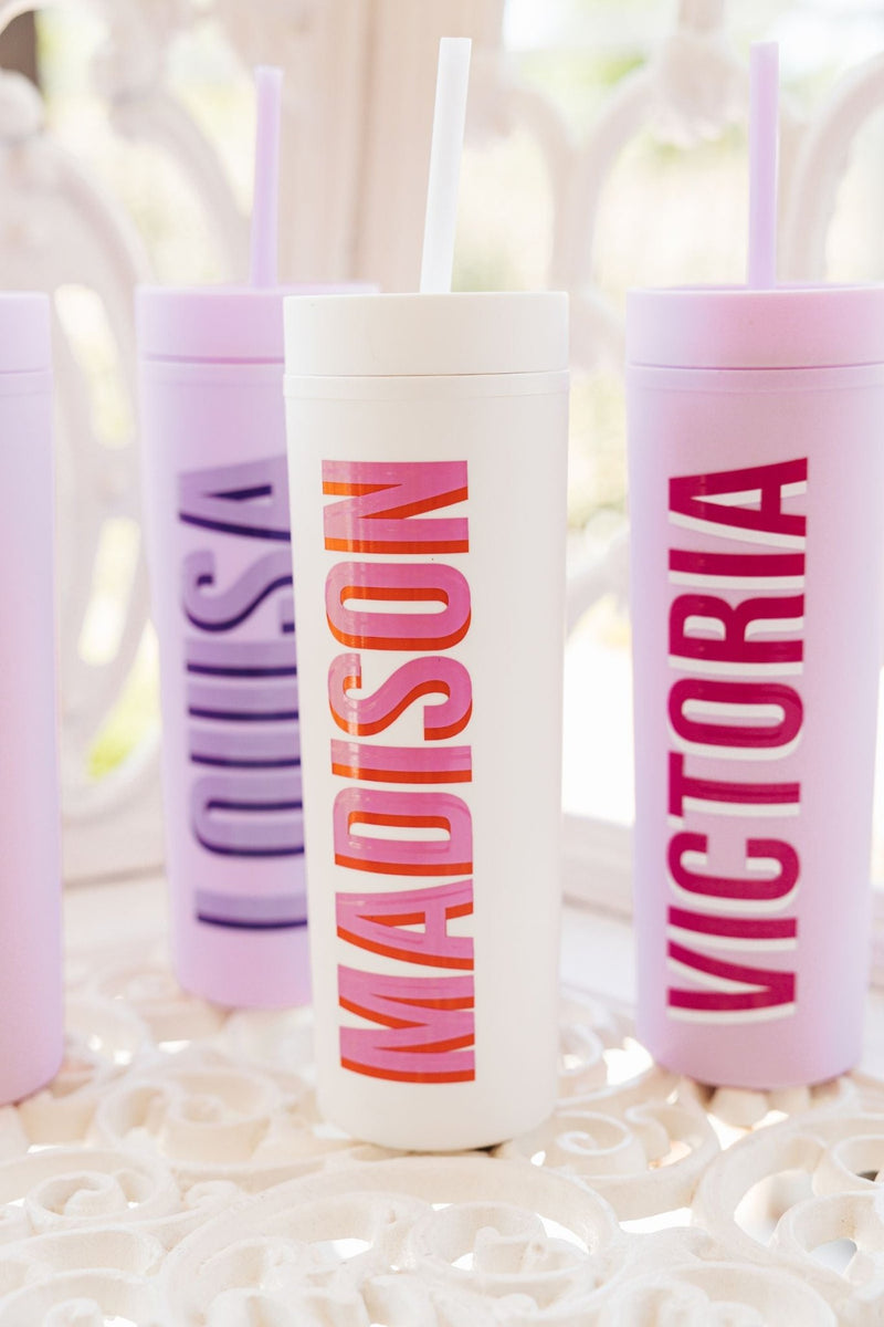 Personalized 16 oz matte tumbler with custom name in pink lettering, reusable drinkware for everyday use