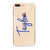 A clear phone case is customized with a name in a blue font.