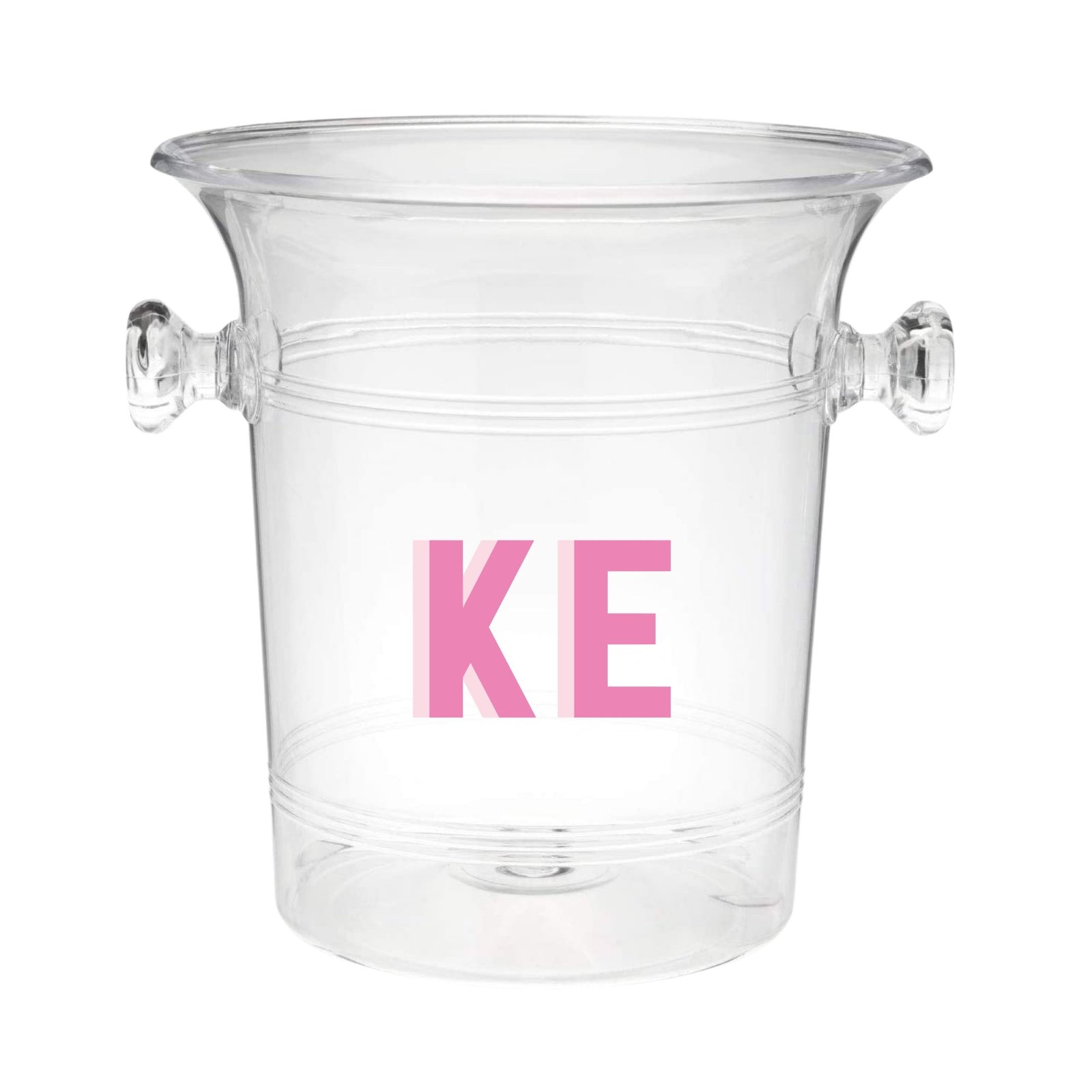 A clear ice bucket with "KE" monogrammed on the front in pink