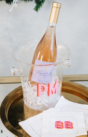Custom shadow monogram ice bucket with acrylic champagne bottle, personalized entertaining accessory