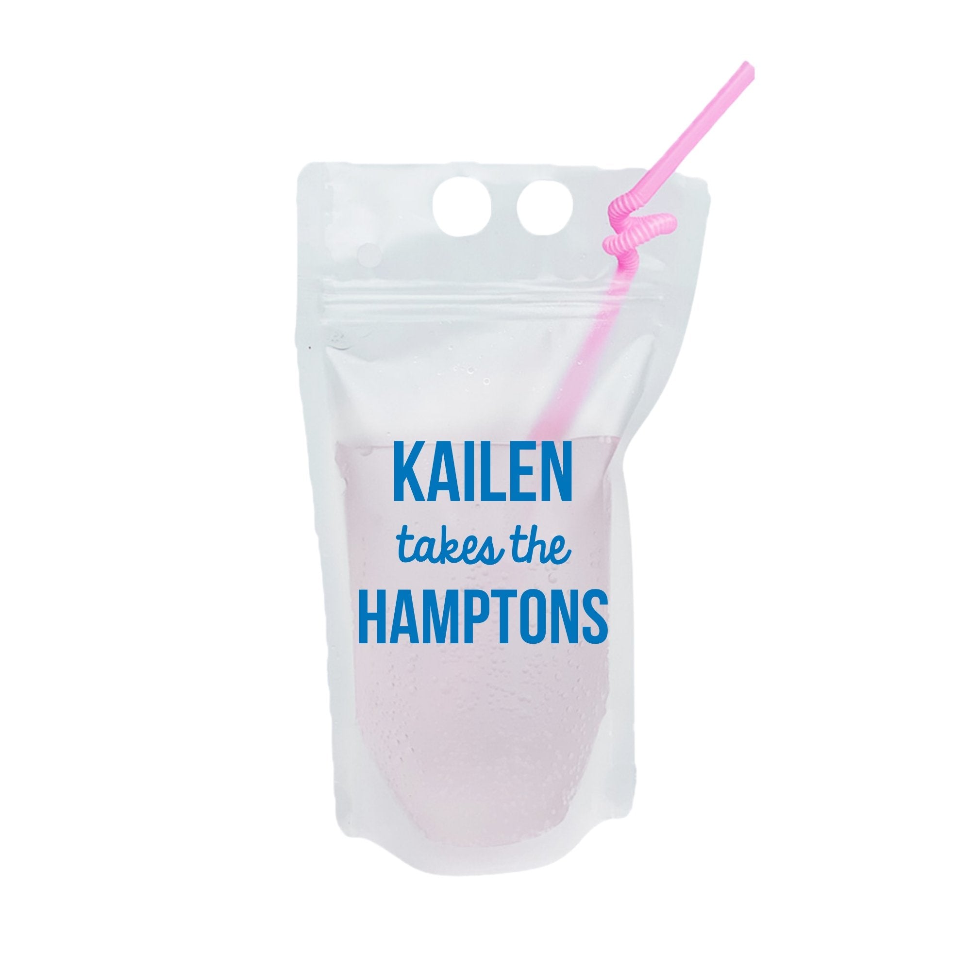 A party pouch is customized with blue text which says "Kailen takes the Hamptons"