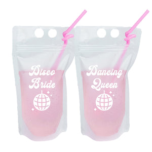 Two party pouches are customized with white "Disco Bride" and "Dancing Queen" designs