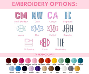 Embroidery options for a custom puffer tote, including font styles and many different thread colors
