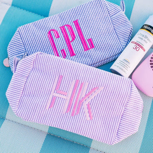 Embroidered Seersucker Makeup Bag - Sprinkled With Pink #bachelorette #custom #gifts