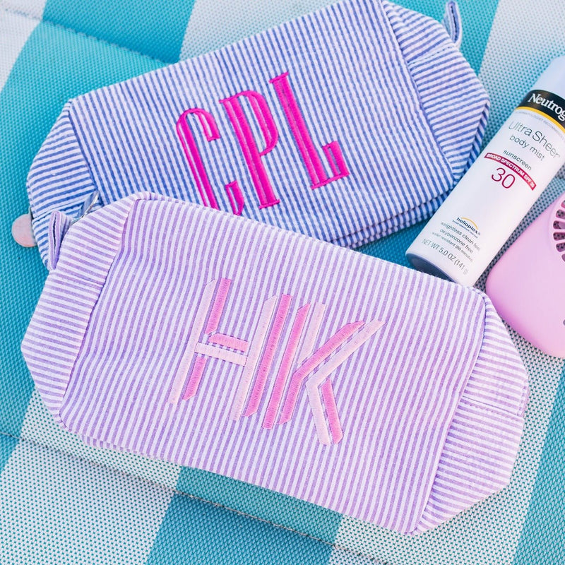 Embroidered Seersucker Makeup Bag - Sprinkled With Pink #bachelorette #custom #gifts