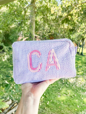 Embroidered Seersucker Makeup Bag - Sprinkled With Pink #bachelorette #custom #gifts