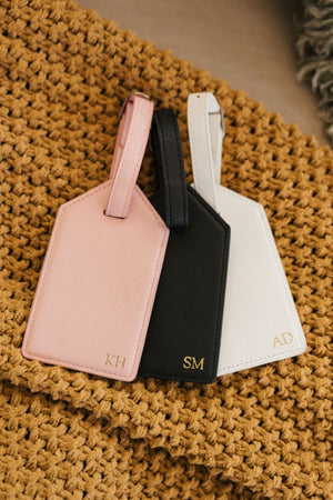 Personalized luggage tag with gold foil monogram, leather travel accessory