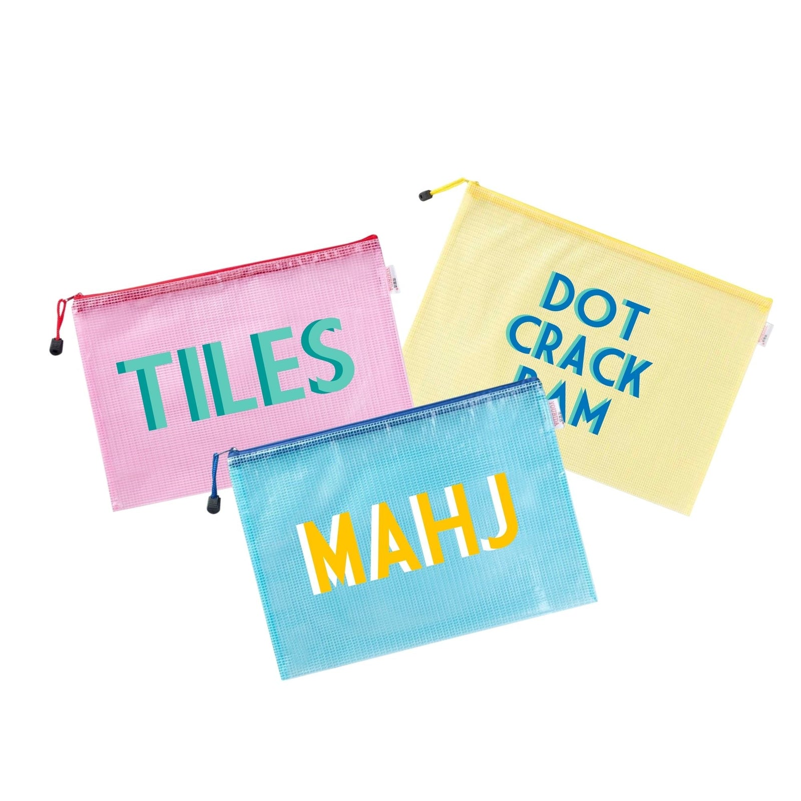 Pool bags that read fun Mahjong phrases on them