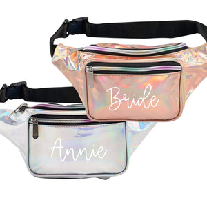 A rose gold and silver metallic fanny pack are customized with script white names