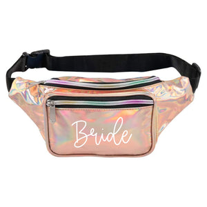 A rose gold metallic fanny pack is customized with script white name