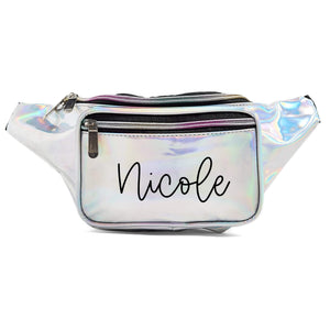 A silver metallic fanny pack is customized with script black name