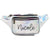 A rose gold and silver metallic fanny pack are customized with script white names