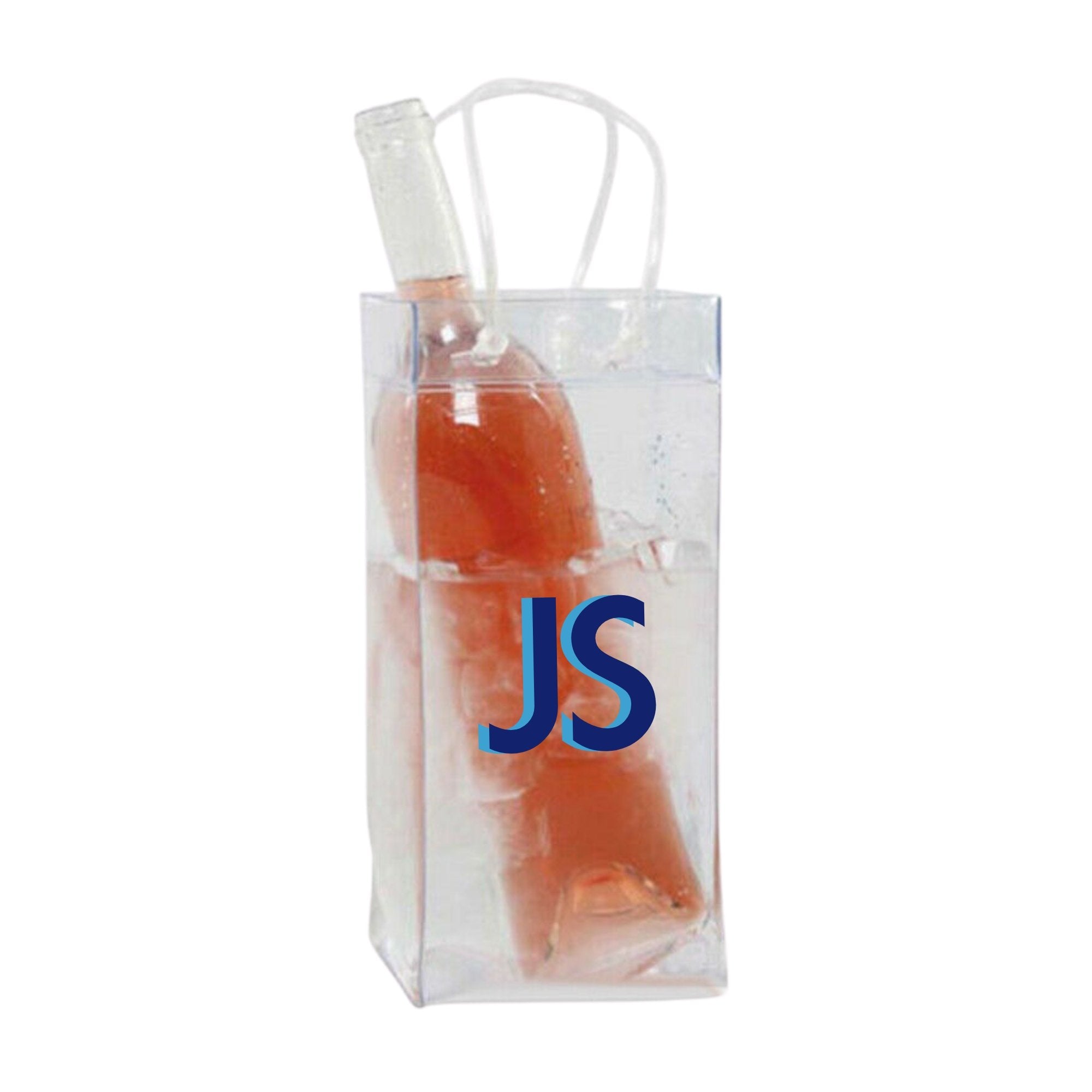 A clear wine bag that is customized with a monogram in blue writing