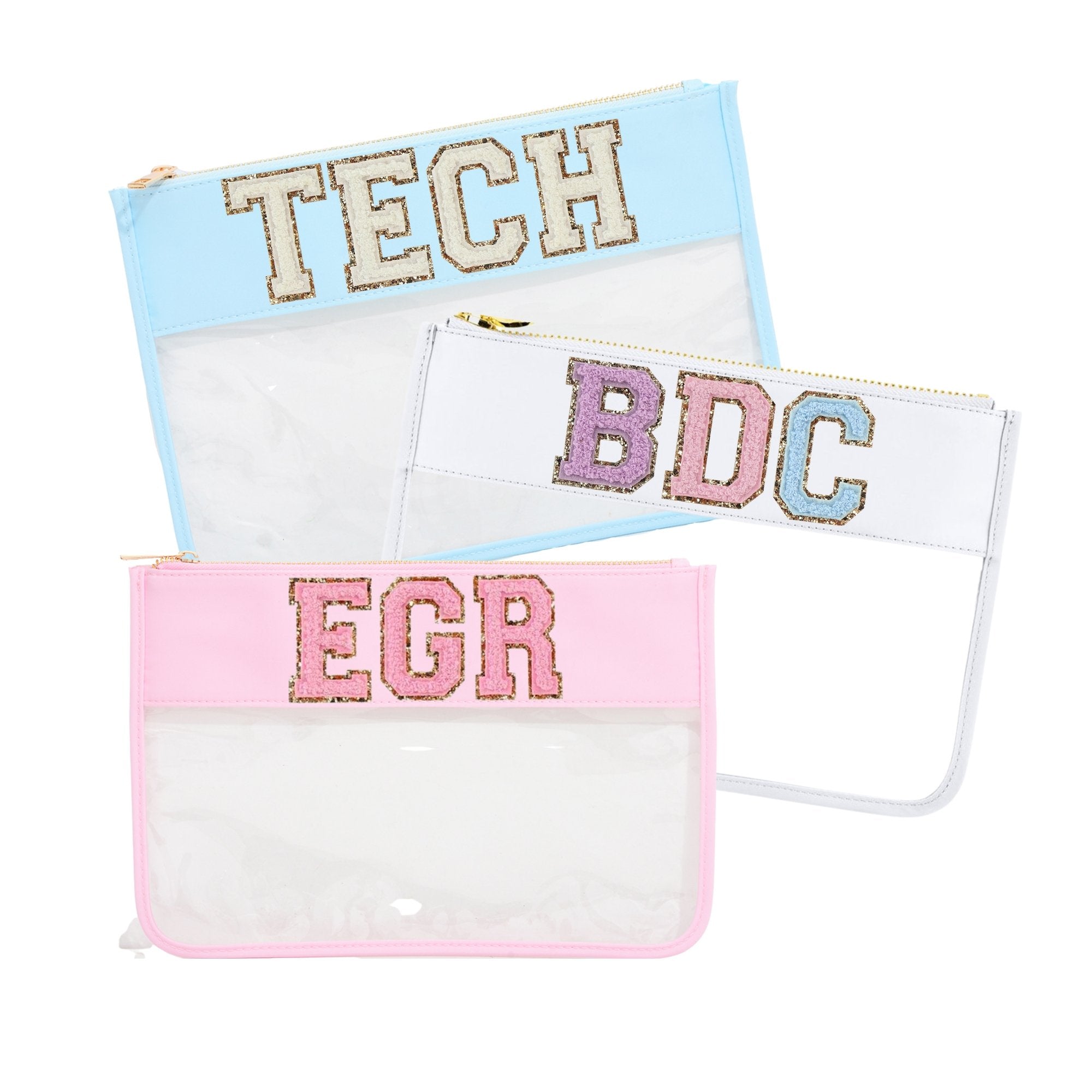 A group of clear nylon bags are customize with patches.